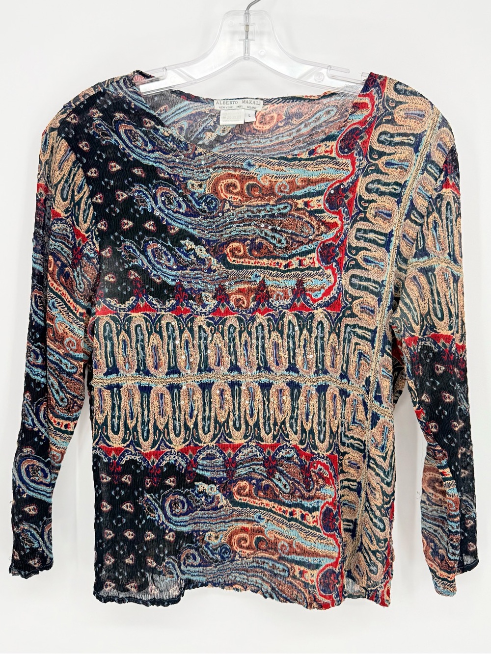 Y2K VTG Alberto Makali Boho Whimsigoth Paisley Sheer Sequin Crinkle Top Blouse L